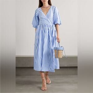 STAUD Jodie Midi Wrap Dress in Sea Stripe S